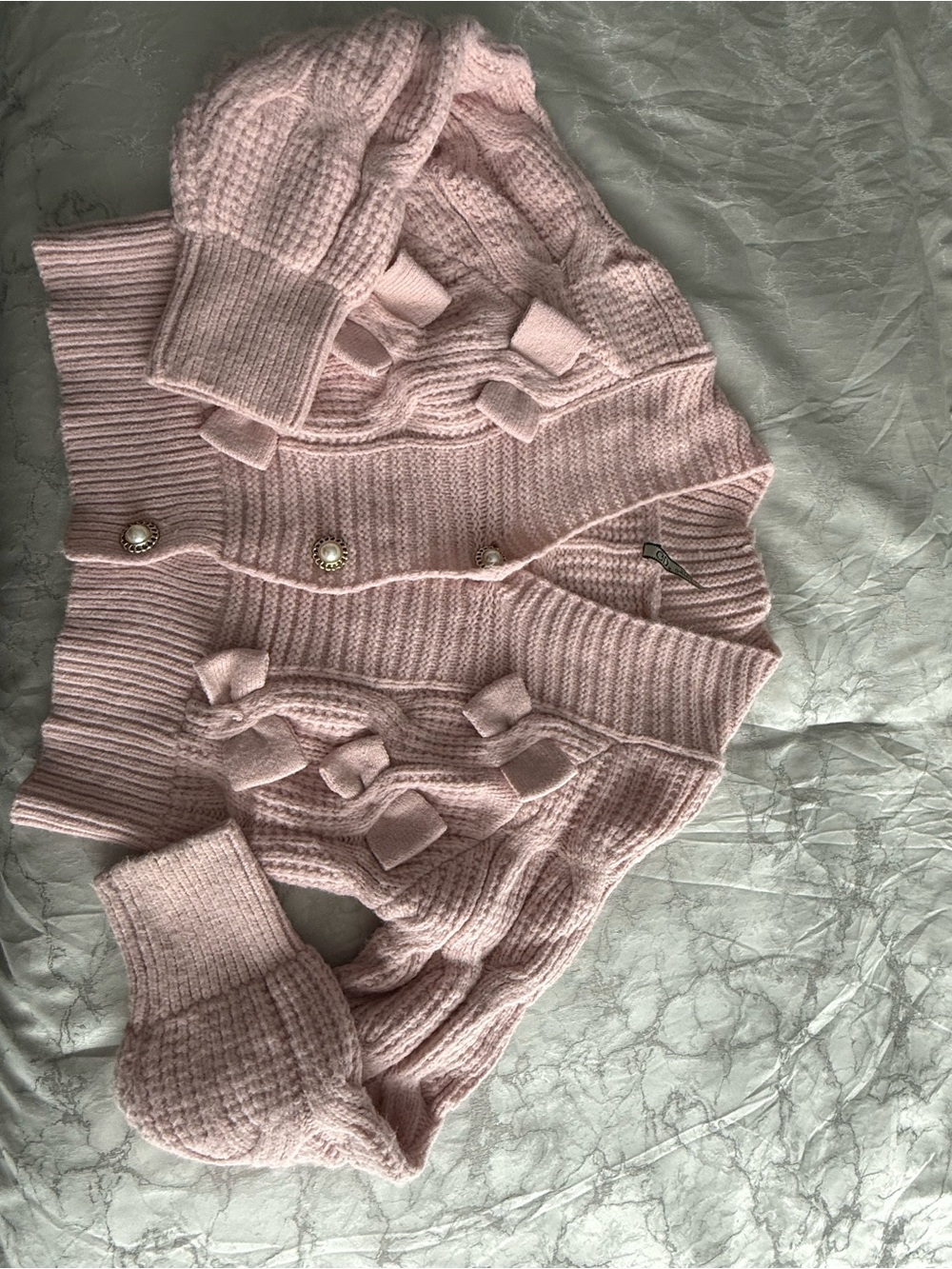 Soft Pink Cable-Knit Pearl Button Cardigan